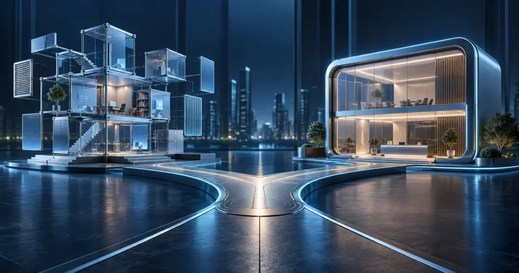 WordPress ou construtor de sites representados por duas arquiteturas digitais para uma decisão empresarial